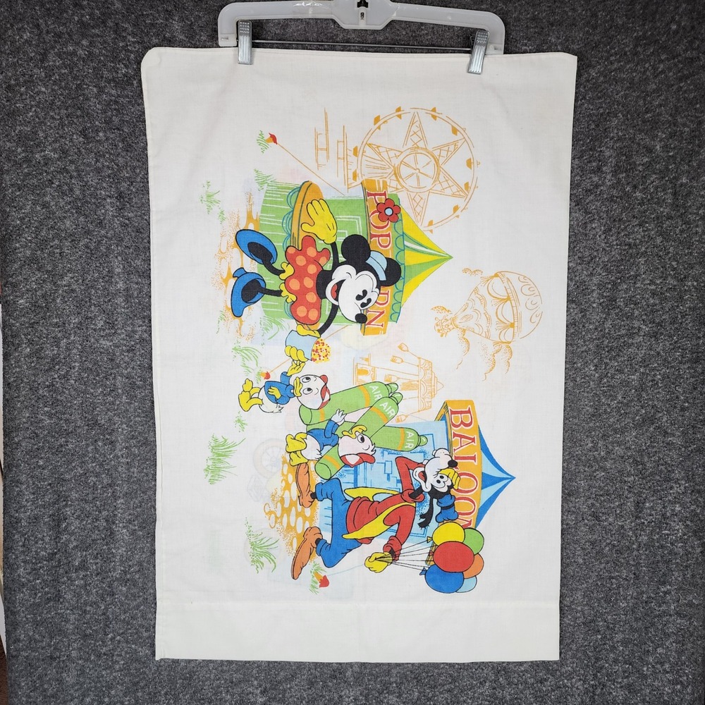 Walt Disney Pillowcase Unisex 30x20 Carnival Mickey Donald Goofy White Vintage